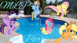 Size: 1280x720 | Tagged: safe, artist:cider paws70, derpibooru import, applejack, fluttershy, pinkie pie, rainbow dash, rarity, twilight sparkle, twilight sparkle (alicorn), alicorn, earth pony, pegasus, pony, unicorn, female, floaty, flying, goggles, irl, ladder, mane six, mare, party, photo, ponies in real life, pool party, pool toy, slide, snorkel, swimming, swimming pool, text, thumbnail, water slide, wet, wet mane
