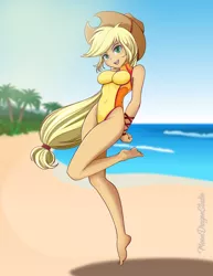 Size: 618x800 | Tagged: safe, alternate version, artist:matty4z, artist:silver-wingx, derpibooru import, applejack, equestria girls, adorasexy, barefoot, beach, beautiful, breasts, busty applejack, clothes, cowboy hat, cute, feet, female, freckles, hat, jackabetes, one-piece swimsuit, open mouth, sexy, signature, solo, stetson, swimsuit