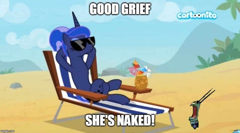 Size: 899x499 | Tagged: safe, derpibooru import, edit, edited screencap, screencap, princess luna, alicorn, pony, between dark and dawn, beach, beach chair, cartoonito logo, crossover, female, hooves behind head, mare, nickelodeon, nudity, relaxing, sheldon j. plankton, shocked, solo, spongebob squarepants, sunglasses, text, the algae's always greener, we don't normally wear clothes