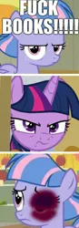 Size: 557x1608 | Tagged: semi-grimdark, derpibooru import, edit, edited screencap, screencap, twilight sparkle, wind sprint, pegasus, pony, common ground, abuse, abuse edit, angry, background pony strikes again, black eye, caption, child abuse, comic, downvote bait, foal abuse, frown, image macro, impact font, out of character, sprintbuse, text, vulgar