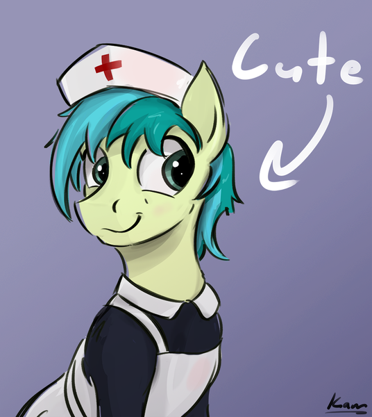 Size: 860x963 | Tagged: safe, artist:kam, deleted from derpibooru, derpibooru import, sandbar, earth pony, pony, fanfic, arrow, clothes, cover art, crossdressing, cute, dress, fanfic art, fanfic cover, male, no shit sherlock, nurse outfit, sandabetes, signature, solo, text