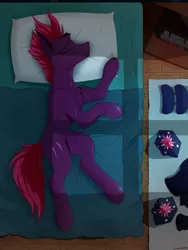 Size: 1500x2000 | Tagged: safe, artist:crimsonwolf360, derpibooru import, fizzlepop berrytwist, tempest shadow, pony, unicorn, alarm clock, bed, clock, cute, eye scar, female, mare, missing cutie mark, night, overhead view, royal guard, scar, sleeping, smiling, solo, tempest becomes a royal guard, tempestbetes