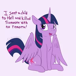 Size: 900x900 | Tagged: safe, artist:enigmadoodles, derpibooru import, twilight sparkle, twilight sparkle (alicorn), alicorn, pony, school raze, the beginning of the end, chest fluff, context is for the weak, cute, female, floppy ears, grimcute, implied cozy glow, implied death, implied king sombra, mare, open mouth, out of context, simple background, sitting, smiling, solo, speech, talking, twiabetes, white background