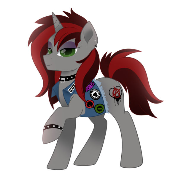 Size: 5000x5000 | Tagged: safe, artist:lostinthetrees, derpibooru import, oc, oc:genre savvy, pony, unicorn, anarchy, black sabbath, clothes, collar, female, heavy metal, mare, motorhead, nine inch nails, queens of the stone age, simple background, solo, transparent background, type o negative, vest, wristband