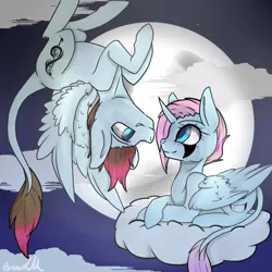 Size: 800x800 | Tagged: safe, artist:crazysurprise, derpibooru import, oc, unofficial characters only, alicorn, pegasus, pony, cloud, female, flying, male, mare, moon, prone, stallion, upside down