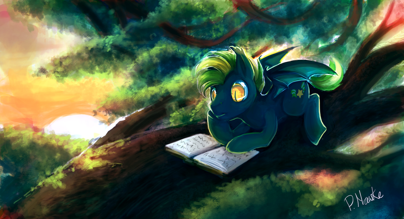 Size: 2534x1378 | Tagged: safe, artist:r0b0tassassin, derpibooru import, oc, unofficial characters only, bat pony, pony, bat pony oc, bat wings, book, solo, tree, tree branch, wings
