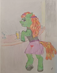 Size: 2964x3755 | Tagged: safe, artist:docard, derpibooru import, tree hugger, earth pony, pony, alcohol, bar, beer, butt, colored pencil drawing, coloured pencil, drawing, drinking, hippy, pencil, plot, sketch, solo, traditional art, tree