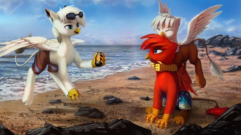 Size: 1920x1080 | Tagged: safe, artist:quvr, derpibooru import, oc, oc:erika stahlflugel, oc:mizzy, gryphon, beach, clothes, commission, female, griffon oc, male