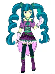 Size: 1498x1998 | Tagged: safe, artist:fantasygerard2000, derpibooru import, juniper montage, equestria girls, alternate hairstyle, boots, clothes, curly hair, dress, gloves, magical girl, magical girl outfit, missing accessory, phone, pigtails, precure, pretty cure, shoes