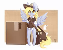 Size: 1600x1270 | Tagged: artist:teranen, bottomless, box, clothes, cute, delivery, derpibooru import, derpy hooves, eye clipping through hair, featureless crotch, female, mail, mailbag, mailmare, mare, partial nudity, pegasus, safe, semi-anthro, smiling, solo, the point of no return