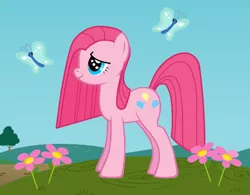 Size: 2448x1912 | Tagged: safe, artist:nathaniel hansen, derpibooru import, pinkie pie, butterfly, pony, beautiful, cute, cuteamena, flower, grass, grass field, happy, my little pony, pinkamena diane pie, sky, solo, starry eyes, wingding eyes