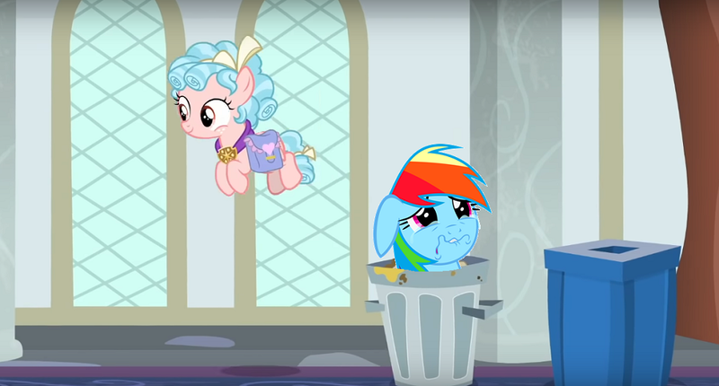 Size: 1020x548 | Tagged: safe, derpibooru import, edit, edited screencap, screencap, cozy glow, rainbow dash, pegasus, pony, school raze, abuse, background pony strikes again, crying, dashabuse, female, filly, rainbow trash, sad, trash can