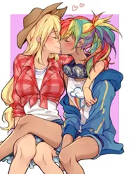 Size: 1000x1333 | Tagged: safe, artist:dcon, derpibooru import, kotobukiya, applejack, rainbow dash, human, anime, appledash, applejack's hat, clothes, cowboy hat, eyes closed, female, goggles, hat, hoodie, humanized, kissing, koto dash, kotobukiya applejack, kotobukiya rainbow dash, lesbian, shipping, sitting