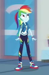 Size: 574x880 | Tagged: safe, derpibooru import, screencap, rainbow dash, equestria girls, equestria girls series, run to break free, spoiler:eqg series (season 2), clothes, converse, cropped, cute, dashabetes, female, geode of super speed, magical geodes, shoes, smiling, sneakers, solo