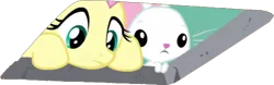 Size: 969x304 | Tagged: safe, derpibooru import, edit, edited screencap, screencap, angel bunny, fluttershy, pegasus, pony, rabbit, between dark and dawn, animal, background removed, ceiling cat, ceiling pony, cute, female, mare, simple background, stare, transparent background