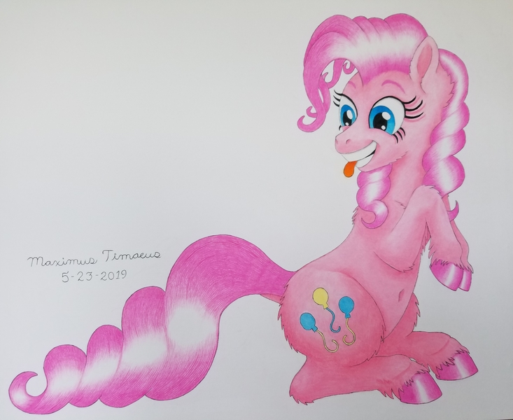 Size: 3692x3024 | Tagged: safe, artist:maximustimaeus, derpibooru import, pinkie pie, earth pony, pony, alternate hairstyle, belly button, colored pencil drawing, female, mare, smiling, solo, tongue out, traditional art