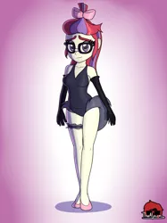 Size: 1600x2134 | Tagged: suggestive, artist:thealjavis, derpibooru import, moondancer, equestria girls, belly button, breasts, busty moondancer, clothes, dancer, disney, equestria girls-ified, evening gloves, female, full body, garter, glasses, gloves, leotard, long gloves, looking at you, ms. kitty mouse, shoes, solo, solo female, the great mouse detective