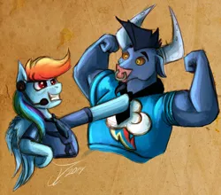 Size: 1332x1172 | Tagged: safe, artist:jamescorck, derpibooru import, iron will, rainbow dash, minotaur, pegasus, pony, clothes, crack shipping, female, flexing, headset, irondash, male, merchandise, necktie, shipping, shirt, sketch, straight, t-shirt