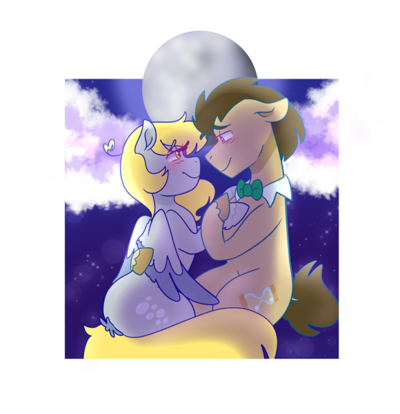 Size: 1280x1323 | Tagged: safe, artist:cubbybatdoodles, derpibooru import, derpy hooves, ditzy doo, doctor whooves, time turner, earth pony, pegasus, pony, blushing, cloud, doctorderpy, female, looking at each other, male, mare, moon, shipping, smiling, stallion, straight