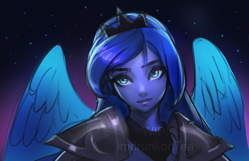 Size: 1372x888 | Tagged: alicorn, armor, artist:imdrunkontea, derpibooru import, human, humanized, pony coloring, princess luna, safe, solo, stars, warrior luna, winged human, winged humanization, wings, wip