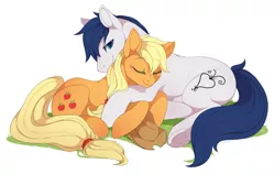 Size: 2216x1404 | Tagged: safe, artist:mr-tiaa, derpibooru import, applejack, oc, oc:constance everheart, earth pony, pony, blushing, canon x oc, cuddling, everjack, eyes closed, female, grass, male, mare, shipping, stallion, straight