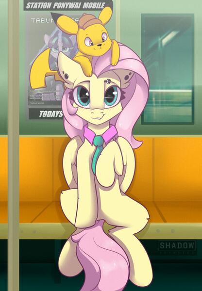 Size: 1063x1535 | Tagged: safe, artist:shadowreindeer, derpibooru import, fluttershy, pegasus, pikachu, pony, advertisement, advertising, collar, crossover, cute, detective pikachu, duo, ear fluff, ear piercing, eyebrow piercing, female, food, hat, looking at you, mare, necktie, piercing, pokémon, shyabetes, subway, subway trains, tail, train