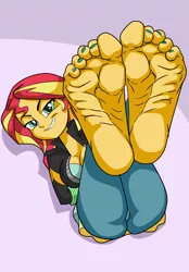 Size: 2480x3566 | Tagged: suggestive, artist:art-2u, derpibooru import, sunset shimmer, equestria girls, rainbow rocks, ass, barefoot, bondage, breasts, bunset shimmer, busty sunset shimmer, butt, cleavage, feet, female, fetish, foot fetish, foot focus, legs in air, looking at you, nail polish, soles, solo, solo female, thighs, tied up, toenail polish, toes
