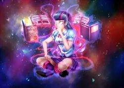 Size: 2500x1785 | Tagged: safe, artist:brother-lionheart, derpibooru import, twilight sparkle, human, equestria girls, book, clothes, female, glowing eyes, magic, misleading thumbnail, not drugs, solo, space, tanith first and only, telekinesis, warhammer (game), warhammer 40k