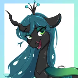 Size: 1000x1000 | Tagged: safe, artist:auro-ria, deleted from derpibooru, derpibooru import, queen chrysalis, changeling, changeling queen, bedroom eyes, eyeshadow, female, licking, licking lips, lidded eyes, lipstick, looking at you, makeup, open mouth, smiling, solo, tongue out