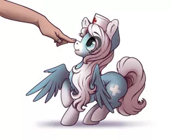 Size: 1466x1200 | Tagged: safe, artist:28gooddays, derpibooru import, oc, oc:icy heart, human, pegasus, pony, boop, hand, hat, nurse, nurse hat, scrunchy face, simple background, white background