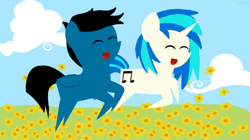 Size: 3840x2160 | Tagged: safe, artist:agkandphotomaker2000, derpibooru import, vinyl scratch, oc, oc:pony video maker, pegasus, pony, unicorn, canon x oc, female, flower field, happy, male, playing, pointy ponies, running, shipping, straight, videoscratch