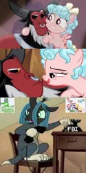 Size: 446x893 | Tagged: safe, derpibooru import, edit, edited screencap, screencap, applejack, cozy glow, fluttershy, gummy, lord tirek, pinkie pie, queen chrysalis, rainbow dash, rarity, twilight sparkle, centaur, changeling, changeling queen, pegasus, pony, frenemies (episode), comic, cozirek, fbi, female, filly, male, mane six, meme, my little pony, screencap comic, shipping, straight, tom and jerry