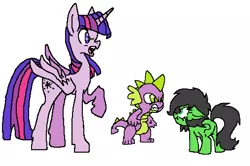 Size: 1014x672 | Tagged: safe, artist:lockhe4rt, derpibooru import, spike, twilight sparkle, twilight sparkle (alicorn), oc, oc:anonfilly, alicorn, earth pony, pony, angry, female, filly, pixel art, raised hoof, simple background, white background