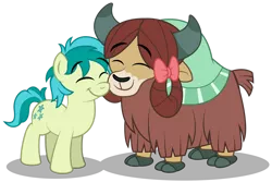 Size: 1920x1279 | Tagged: safe, artist:aleximusprime, derpibooru import, sandbar, yona, earth pony, pony, yak, she's all yak, bow, cute, diabetes, female, friends, male, nuzzling, platonic, sandabetes, shipping, straight, yonabar, yonadorable