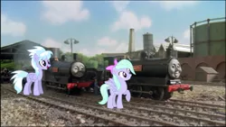 Size: 960x540 | Tagged: safe, derpibooru import, cloudchaser, flitter, pegasus, pony, crossover, donald and douglas the scottish twins, female, male, mare, siblings, steam locomotive, thomas the tank engine, train, twins