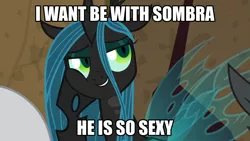 Size: 1024x576 | Tagged: caption, changeling, changeling queen, chrysombra, derpibooru import, edit, edited screencap, female, frenemies (episode), grammar error, image macro, king sombra, lord tirek, male, queen chrysalis, safe, screencap, shipping, straight, text