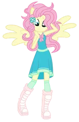 Size: 721x1108 | Tagged: safe, artist:bezziie, derpibooru import, fluttershy, equestria girls, boots, clothes, knee high socks, messy hair, ponied up, ribbon, shoes, simple background, socks, solo, transparent background, wings