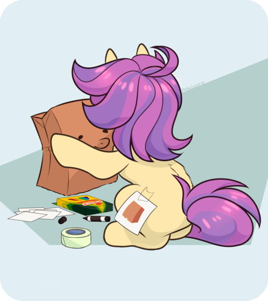 Size: 1024x1150 | Tagged: safe, artist:petalierre, derpibooru import, oc, oc:paper bag, earth pony, pony, back fluff, crayons, face not visible, facing away, fake cutie mark, female, mare, marker, paper, paper bag, rear view, tape, unmasked