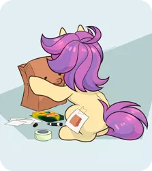 Size: 1024x1150 | Tagged: safe, artist:petalierre, derpibooru import, oc, oc:paper bag, earth pony, pony, back fluff, crayons, face not visible, facing away, fake cutie mark, female, mare, marker, paper, paper bag, rear view, tape, unmasked