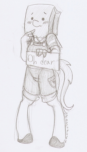 Size: 761x1332 | Tagged: anthro, artist:ravenpuff, clothes, derpibooru import, female, oc, oc:paper bag, oh dear, overalls, paper bag, safe, shirt, shoes, sign, striped shirt, traditional art