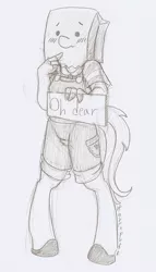 Size: 761x1332 | Tagged: anthro, artist:ravenpuff, clothes, derpibooru import, female, oc, oc:paper bag, oh dear, overalls, paper bag, safe, shirt, shoes, sign, striped shirt, traditional art