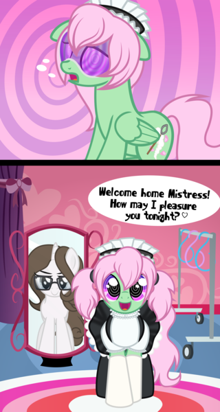 Size: 2453x4601 | Tagged: questionable, artist:nxzc88, derpibooru import, oc, oc:pyrisa miracles, oc:spectral wind, pegasus, pony, unicorn, 2 panel comic, brainwashing, choker, clothes, comic, dress, female, femdom, femsub, hypnogear, hypnogoggles, hypnosis, maid, maid headdress, mirror, mistress, pigtails, reflection, show accurate, smiling, smirk, socks, speech, submissive, swirly eyes, talking, visor