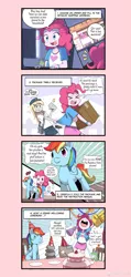 Size: 2826x5933 | Tagged: safe, artist:caibaoreturn, derpibooru import, editor:str1ker878, derpy hooves, gummy, madame le flour, pinkie pie, rainbow dash, rocky, comic:pony washing instructions, equestria girls, abuse, cake, clothes, comic, computer, cute, dashabuse, foam finger, food, hat, miniskirt, party, party hat, pleated skirt, plushie, running, running in place, skirt, spanking, sweat, sweatdrop, translation