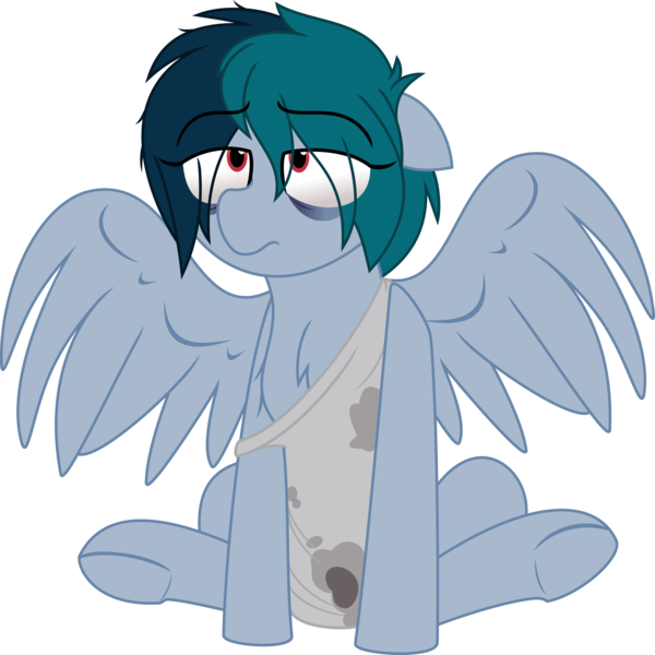Size: 4490x4490 | Tagged: safe, artist:mlp-touchscreen, derpibooru import, oc, oc:delta vee, unofficial characters only, pegasus, pony, bags under eyes, chest fluff, clothes, eye clipping through hair, female, floppy ears, mare, simple background, sitting, solo, spread wings, tired, transparent background, wings