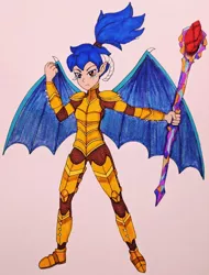 Size: 476x625 | Tagged: alternate hairstyle, armor, artist:metalamethyst, bloodstone scepter, clenched fist, derpibooru import, dragon, dragon lord ember, female, horn, horned humanization, human, humanized, ponytail, princess ember, safe, traditional art, winged humanization, wings