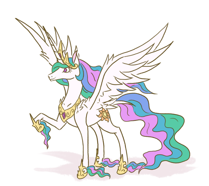 Size: 1024x911 | Tagged: safe, artist:moonrisethemage, derpibooru import, princess celestia, alicorn, pony, colored fetlocks, crown, ethereal fetlocks, ethereal mane, female, hoof shoes, horn, jewelry, long horn, mare, peytral, raised hoof, regalia, shoulder feathers, simple background, solo, spread wings, unshorn fetlocks, white background, wings