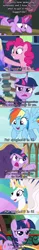 Size: 800x5140 | Tagged: safe, derpibooru import, edit, edited screencap, screencap, pinkie pie, princess celestia, rainbow dash, twilight sparkle, twilight sparkle (alicorn), alicorn, unicorn, book, caption, comic, floppy ears, food, funny, image macro, pasta, screencap comic, spaghetti, text, unicorn twilight