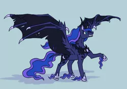 Size: 1024x717 | Tagged: safe, artist:moonrisethemage, derpibooru import, princess luna, alicorn, bat pony, bat pony alicorn, pony, alternate design, bat ponified, bat wings, colored fetlocks, crown, dragon wings, ethereal fetlocks, ethereal mane, female, hoof shoes, horn, jewelry, large wings, lunabat, mare, peytral, race swap, raised hoof, regalia, shoulder feathers, simple background, smiling, solo, spread wings, tattered, tattered wings, teal background, unshorn fetlocks, wing claws, wings