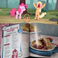 Size: 886x886 | Tagged: applejack, book, chimicherrychanga, cookbook, cute, derpibooru import, diapinkes, food, happy, merchandise, my little pony baking book, official, pinkie pie, recipe, recipe book, safe, the last roundup