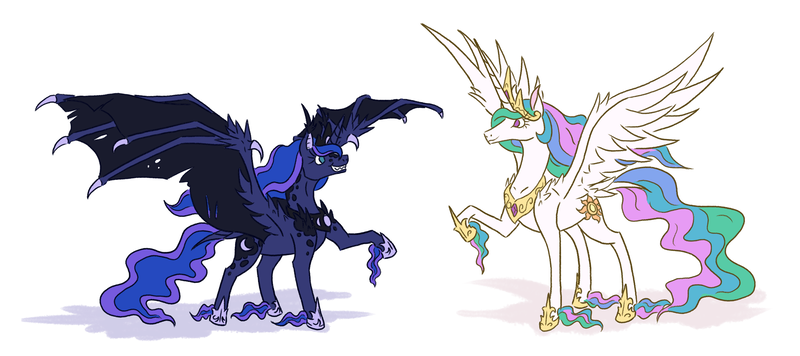 Size: 5400x2400 | Tagged: safe, artist:moonrisethemage, derpibooru import, princess celestia, princess luna, alicorn, bat pony, bat pony alicorn, pony, absurd resolution, alternate design, bat ponified, bat wings, colored fetlocks, comparison, crown, dragon wings, duo, ethereal fetlocks, ethereal mane, female, hoof shoes, horn, jewelry, large wings, long horn, lunabat, mare, peytral, race swap, raised hoof, regalia, royal sisters, shoulder feathers, siblings, simple background, sisters, smiling, spread wings, tattered, tattered wings, unshorn fetlocks, white background, wing claws, wings